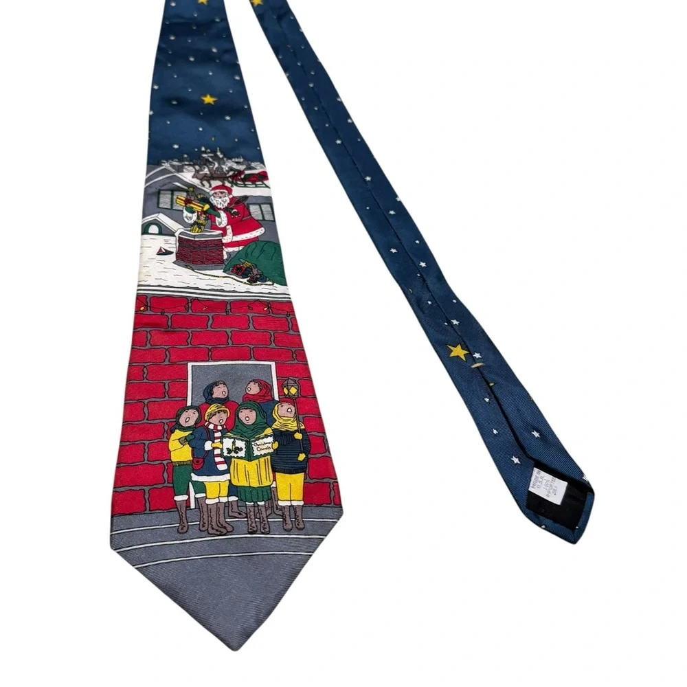 Vintage Dillards Mens Necktie 100% Silk Tie Christmas Santa Claus Bricks Caroler